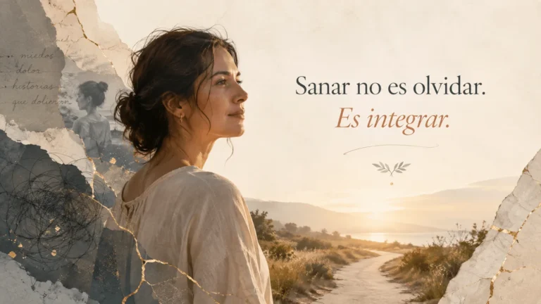 Mujer mirando hacia un paisaje luminoso junto a la frase «Sanar no es olvidar. Es integrar».